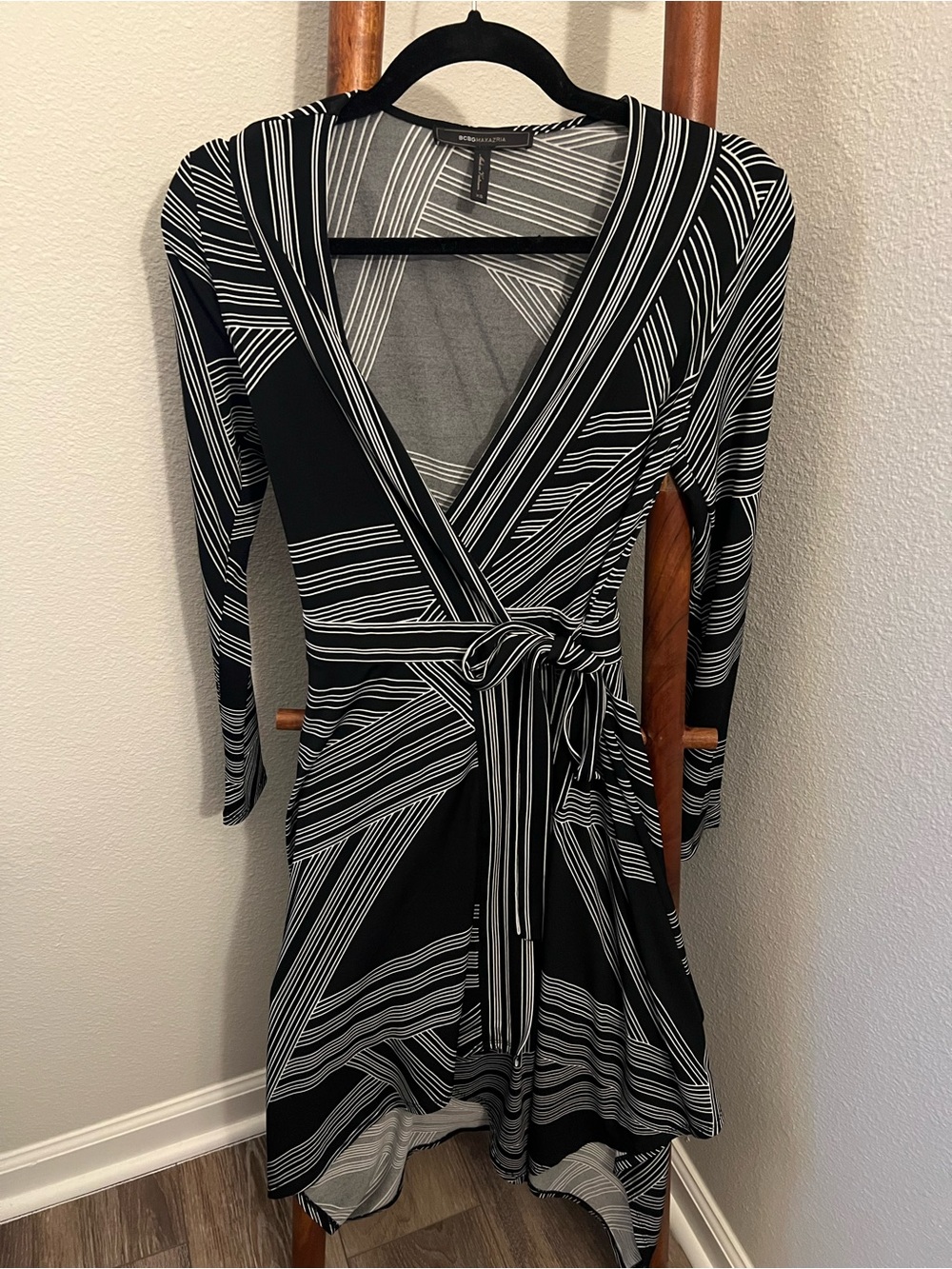 BCBGMaxAzria Black and White Striped Wrap Dress with Tie
